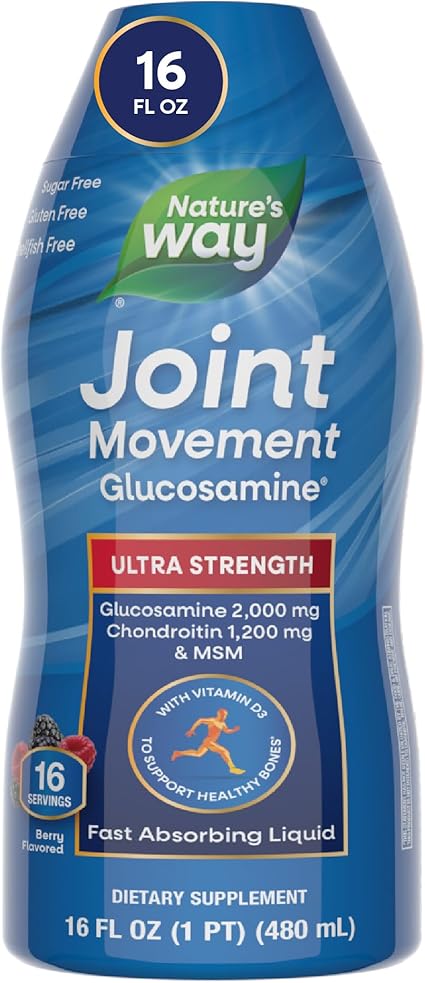 Nature's Way Joint Movement Glucosamine Fast Absorbing Liquid, Ultra Strength, Supports Healthy Bones*, Chondroitin, and MSM with Vitamin D3, Berry Flavored, 16 Fl Oz (Packaging May Vary)