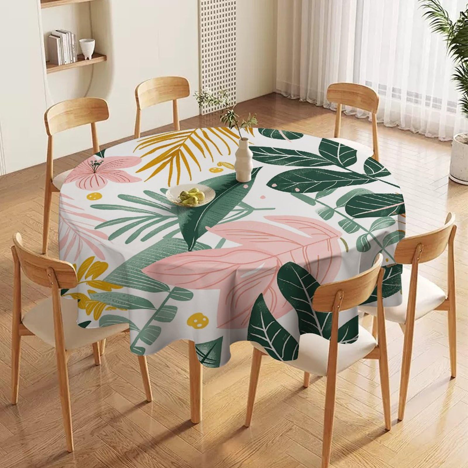 Nappe ronde feuilles tropicales anti-tache de 152cm, tissu imperméable lavable pour table de salon