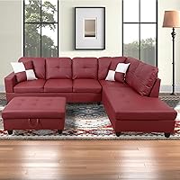 Vista 19 de Sofá modular para sala de estar, sofá seccional de cuero marrón en forma de L con diván y otomano de almacenamiento para sala de estar