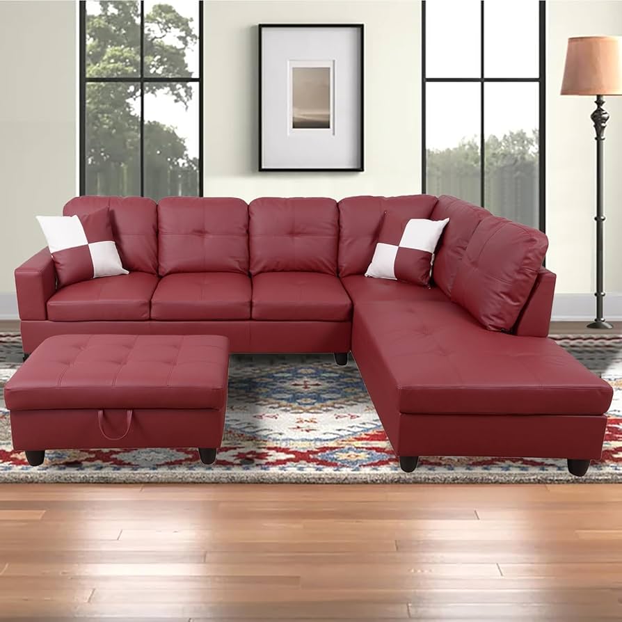 2人掛け・3人掛けソファ Stylish Red Leather Sectional Sofa Amazon.com: LGQLJPLQQ Red Faux Leather 3-Piece Couch Living