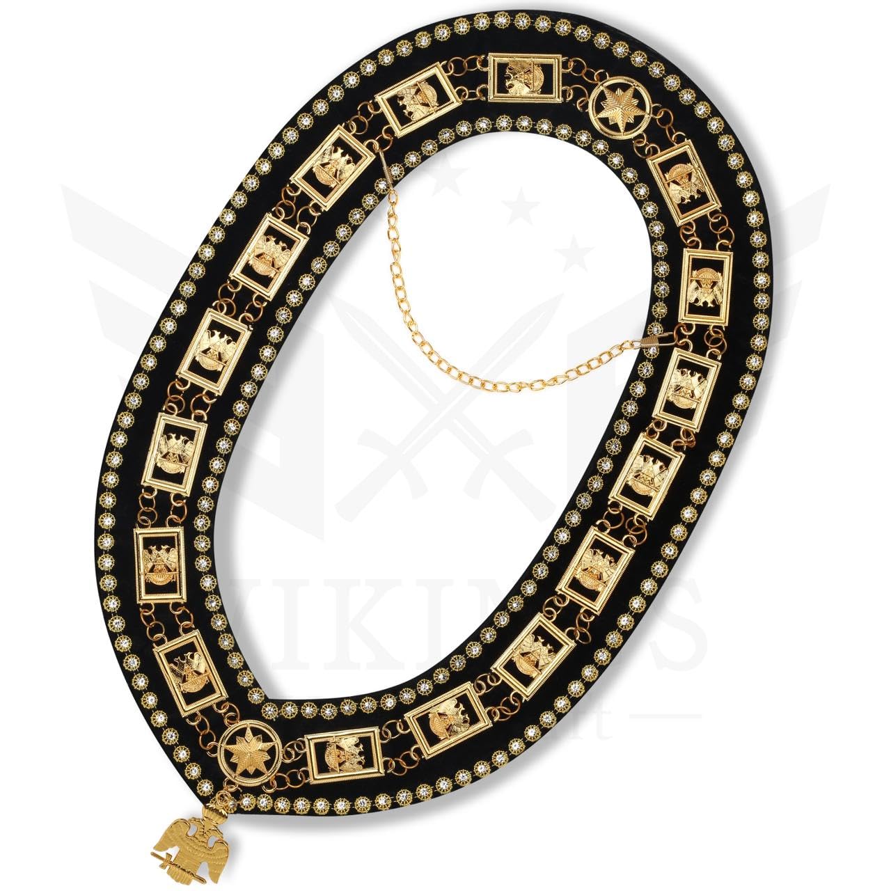 Vikings Handicraft 32nd Degree Masonic Scottish Rite Collar – Gold-Plated with Rhinestones, Jewel & Black Backing | Wings Down Design | Includes Free Cotton Gloves