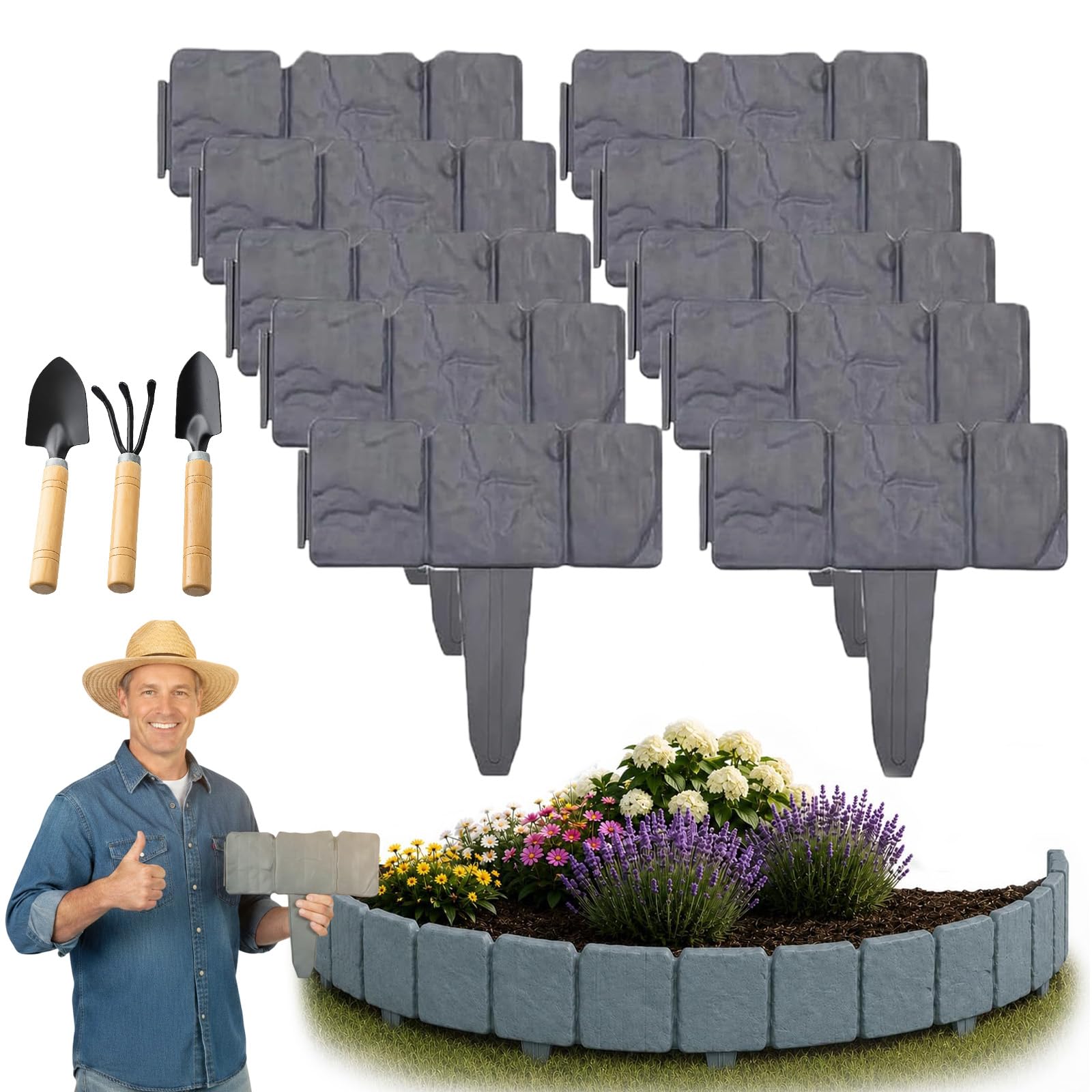 10 Piece Stone-Look Decorative Garden Edging Set, Imitation Stone Garden Fence, Flexible Plastic Garden Edging Border for Lawn and Flower Bed Landscape, No Dig Install (Grey,10 Pcs)