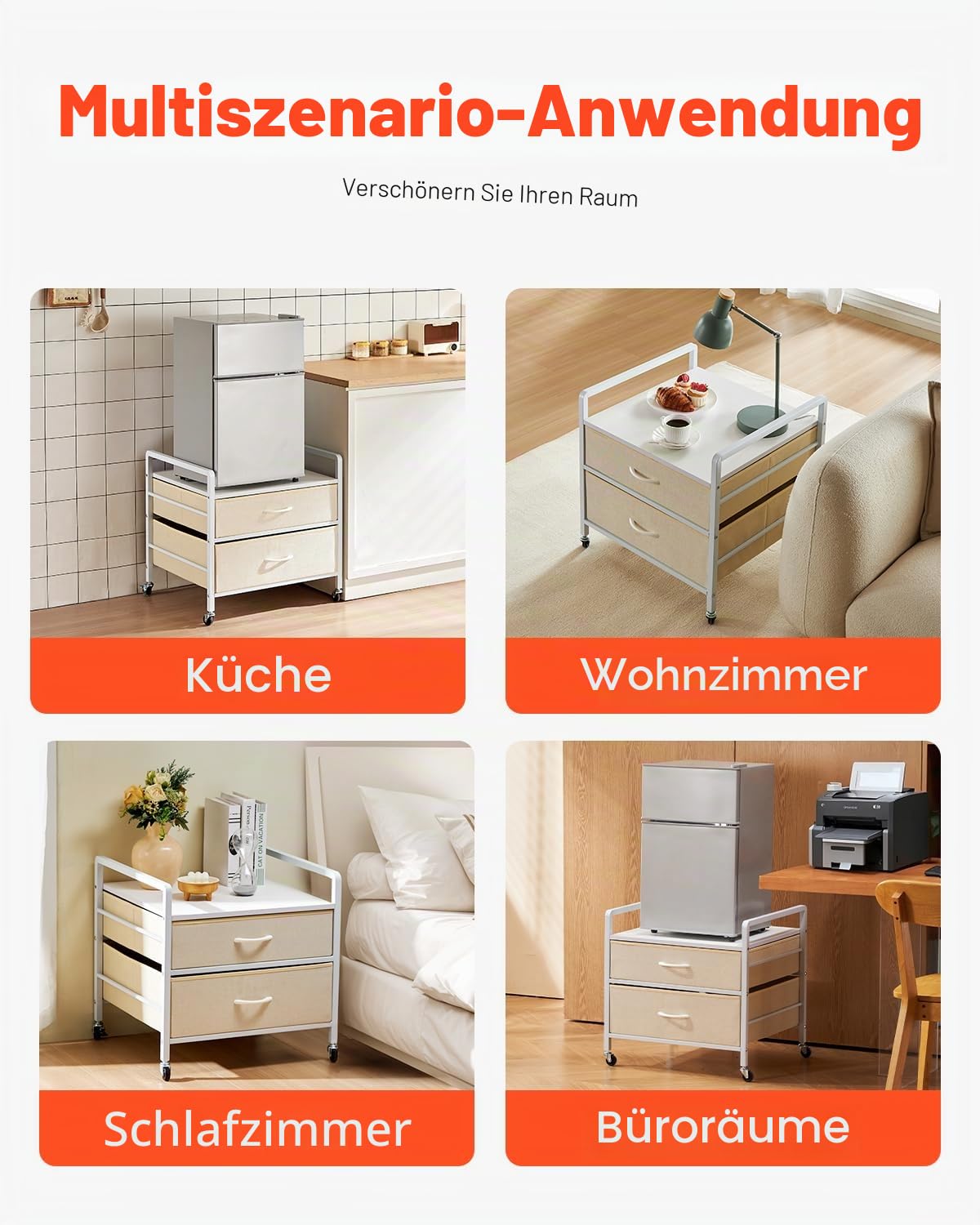 VEVOR Mini-Kühlschrankständer auf Rollen Kühlschrankhalter mit 80 kg Tragkraft, Mini-Kühlschranktisch mit 2 Schubladen & 4 Lenkrollen, mobiles Kühlschrankregal für Wohnheim Wohnung Büro Weiß