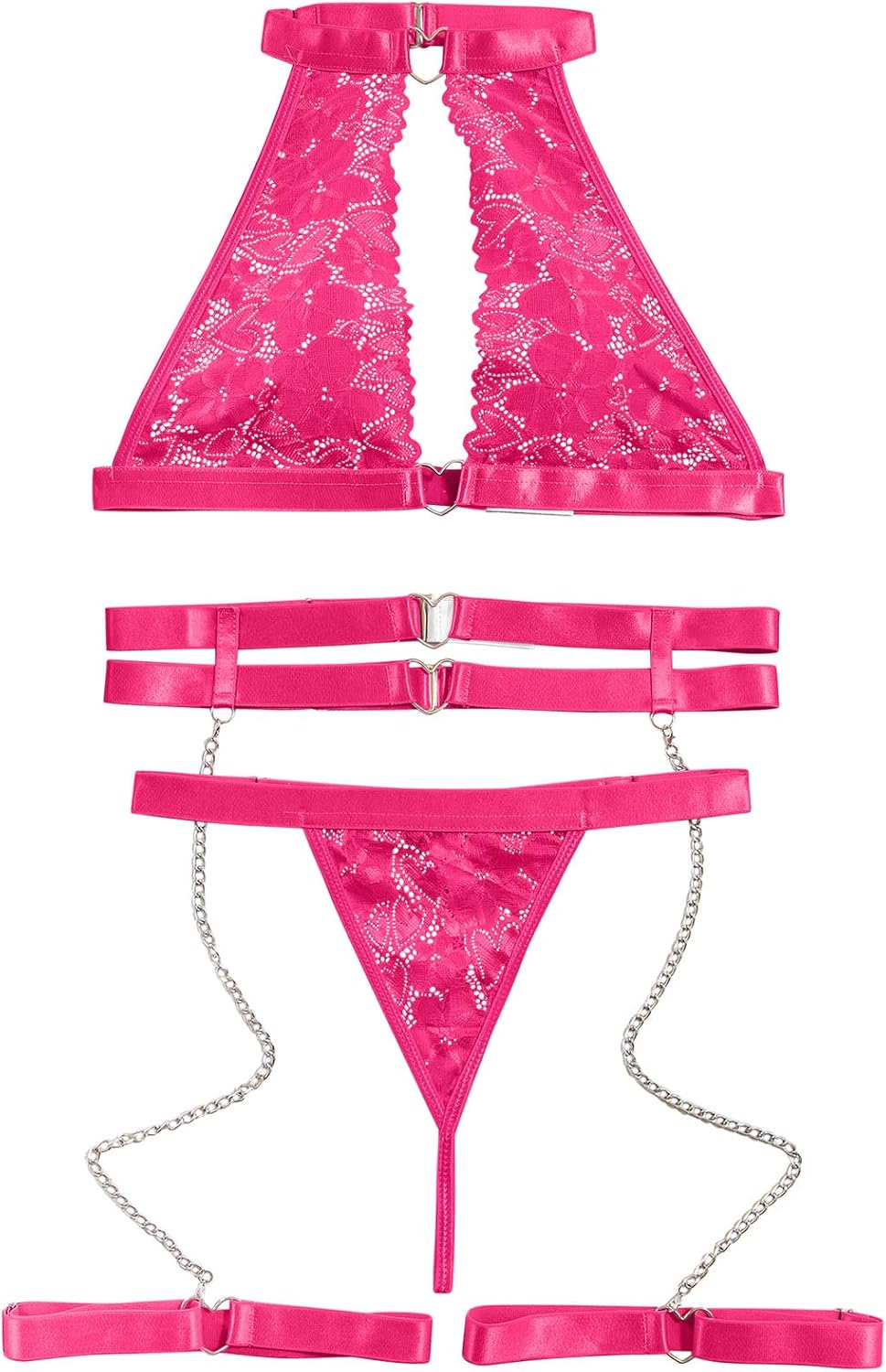 Sexy Halter Heart Ring Cutout Chain Floral Lace Sheer Garter Belt Lingerie Set 3 Piece