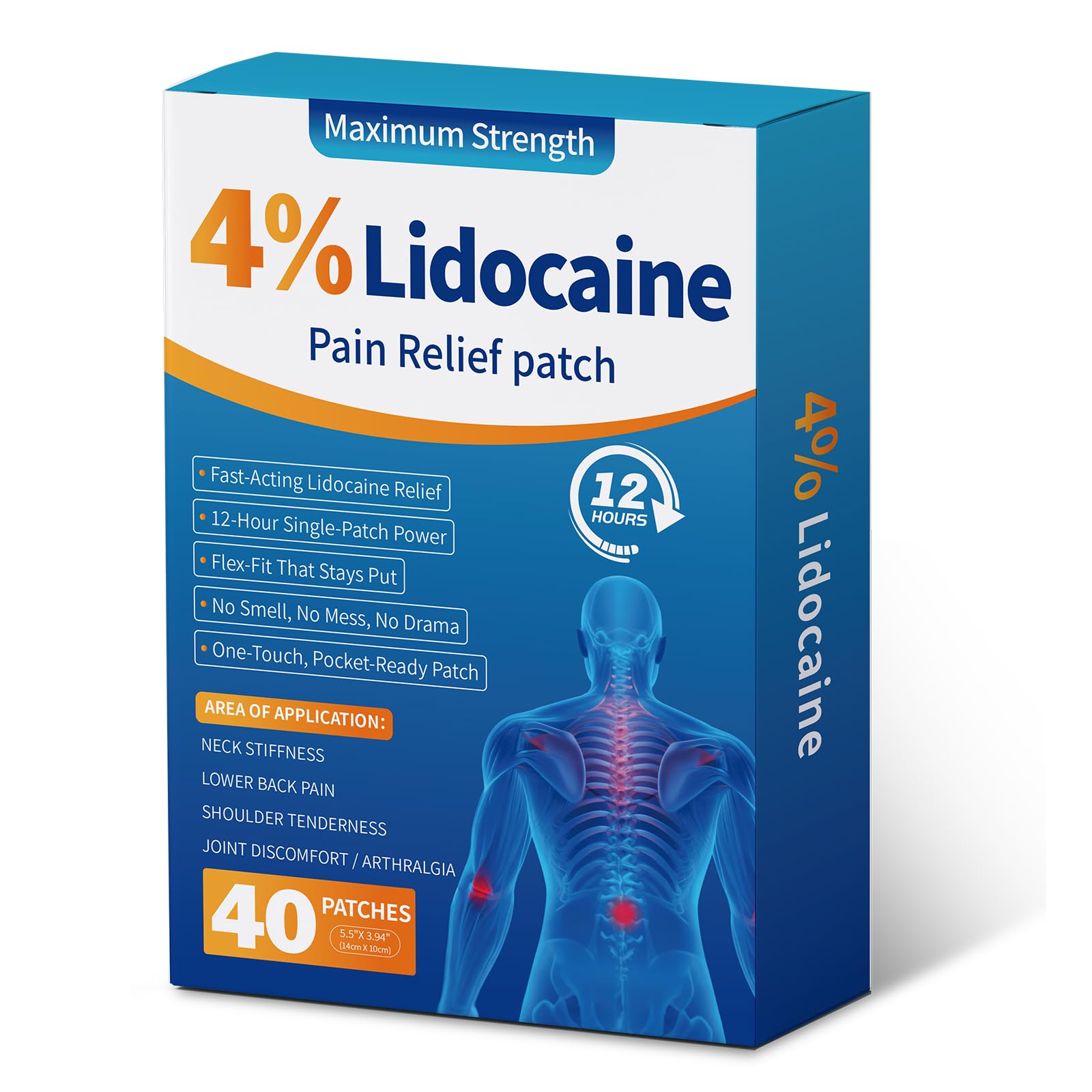 LOVPTFER 4% Lidocaine Pain Relief Patches – Maximum Strength Pain Patches, 12-Hour Long-Lasting Relief for Back, Neck, Shoulder & Joint Pain, Fast-Acting,–40 Count, 5.5” x 3.94”