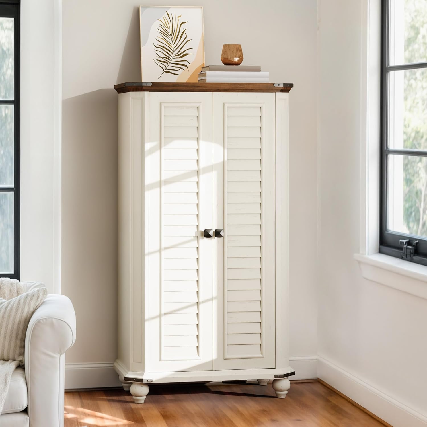 DWVO 4-Tier Storage Cabinet, 45.2" Farmhouse Kitchen Pantry Cabinet wth 2 Shutters-Doors & Adjustable Shelves, Wooden Tool Cabinet for Dining Room, Bathroom, Living Room, Laundry Room, Office, White