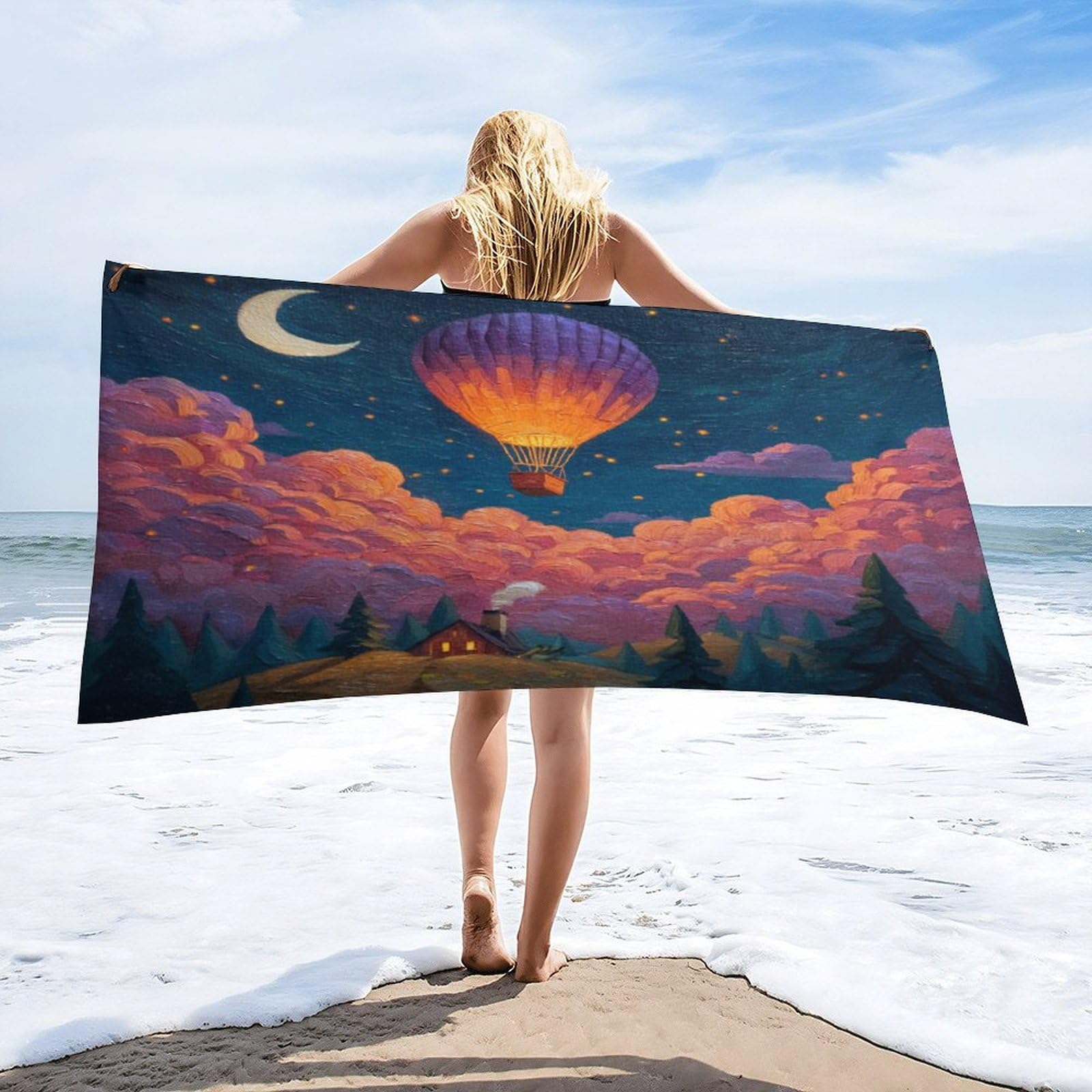 Luyysky Classic Anime Hot Air Balloon Quick-Drying Beach Towel, Colorful Cartoon Starry Sky Enchanted Fairy Forest Cloud Pattern Travel Vacation Single Sided Pile Bathroom Towels-80 W Cm X 160" L Cm