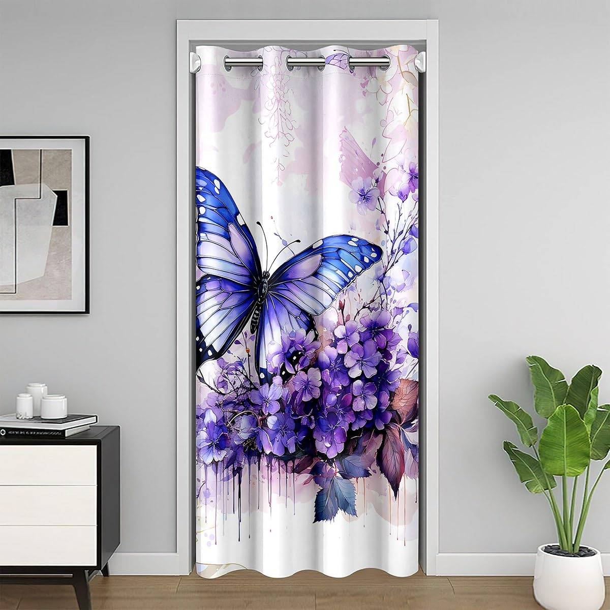 Rideau de porte romantique fleurs violettes 150x203 cm occultant pour fille