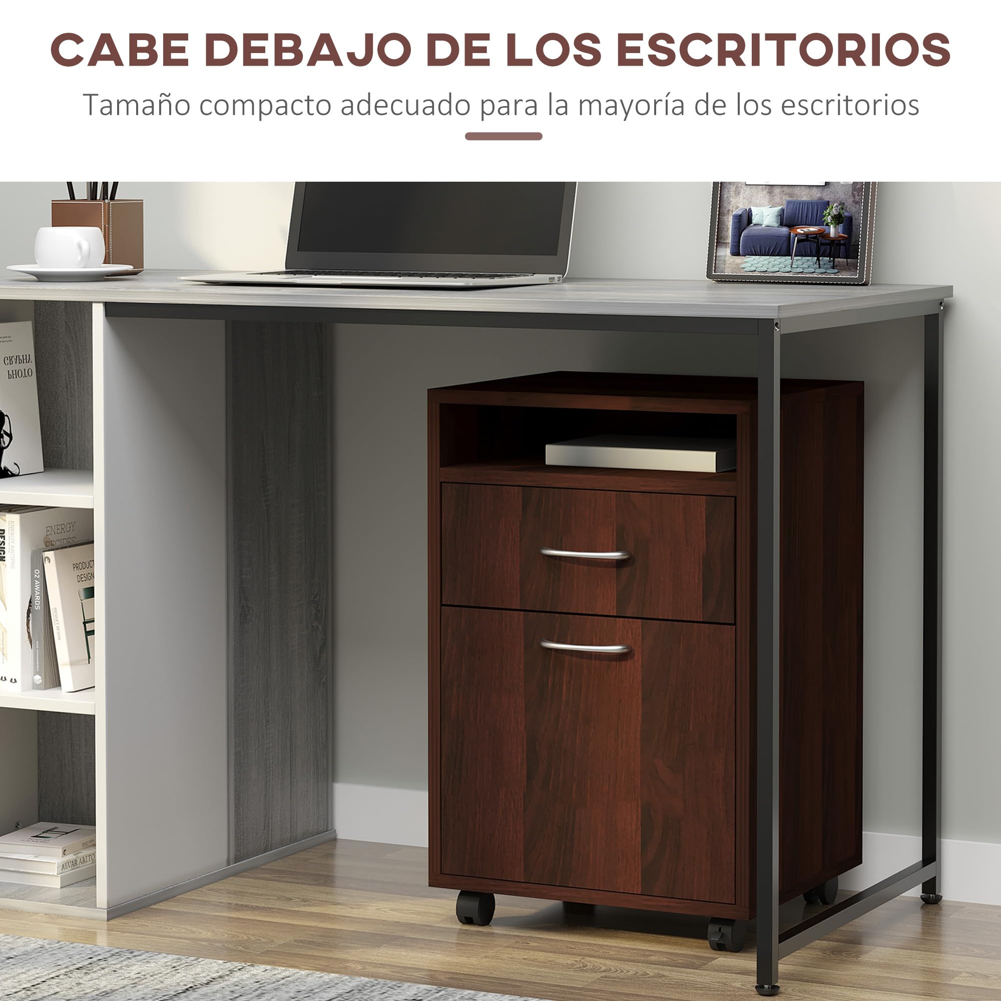 HOMCOM Cassettiera da scrivania con ruote, cassettiera da ufficio con cassetto, vano, porta, raccoglitore mobile per studio, soggiorno, 40 x 35 x 60 cm, caffè scuro