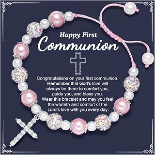 UNGENT THEM Pink Pearl and Rhinestone Bracelet First Communion Gifts Baptism Gifts for Girls