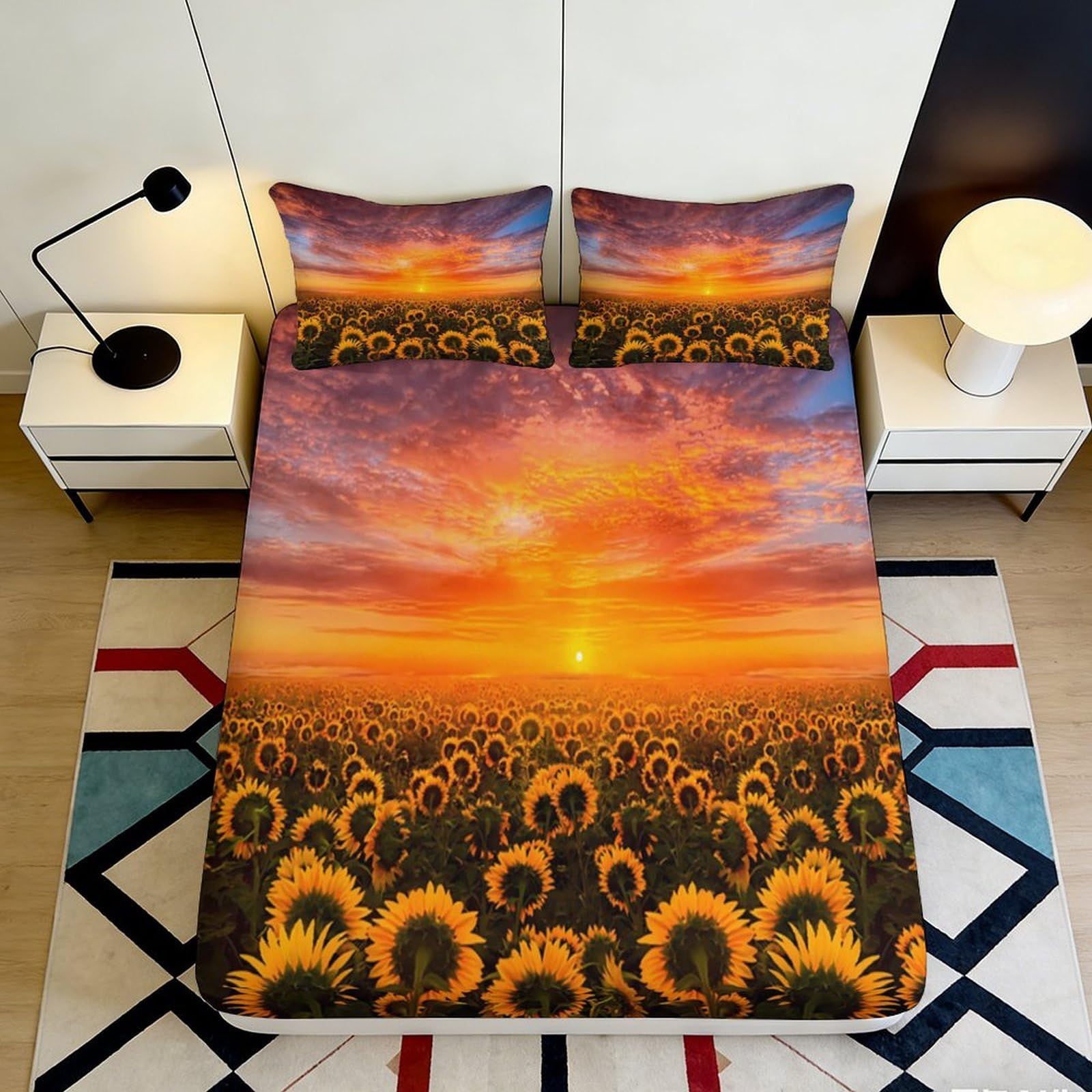 Jqzkxnhpbr Style-8 3D Printed Sunset Sunflower Fitted Sheet Microfiber Soft Breathable Sunrise Field Mattress Cover Bedroom Decor 90X200x25cm