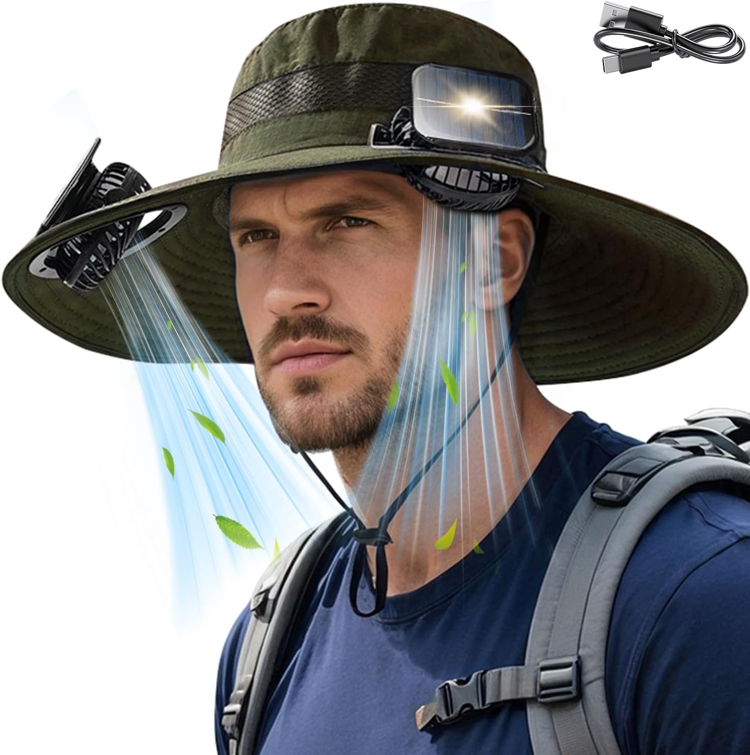 Solar Fan Hat for Men Women, Wide Brim UPF50+ Sun Hat with 2 Removable Fan 3-Speed Wind Solar&USB Charging Army Green