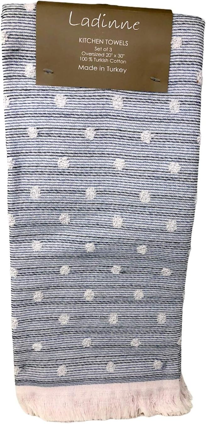 Kitchen Towels Set of 3 Oversized 20 x 30in 100% Turkish Cotton, Terrycloth, Navy Scale Stripes with Pop up Dots | Made in Turkey