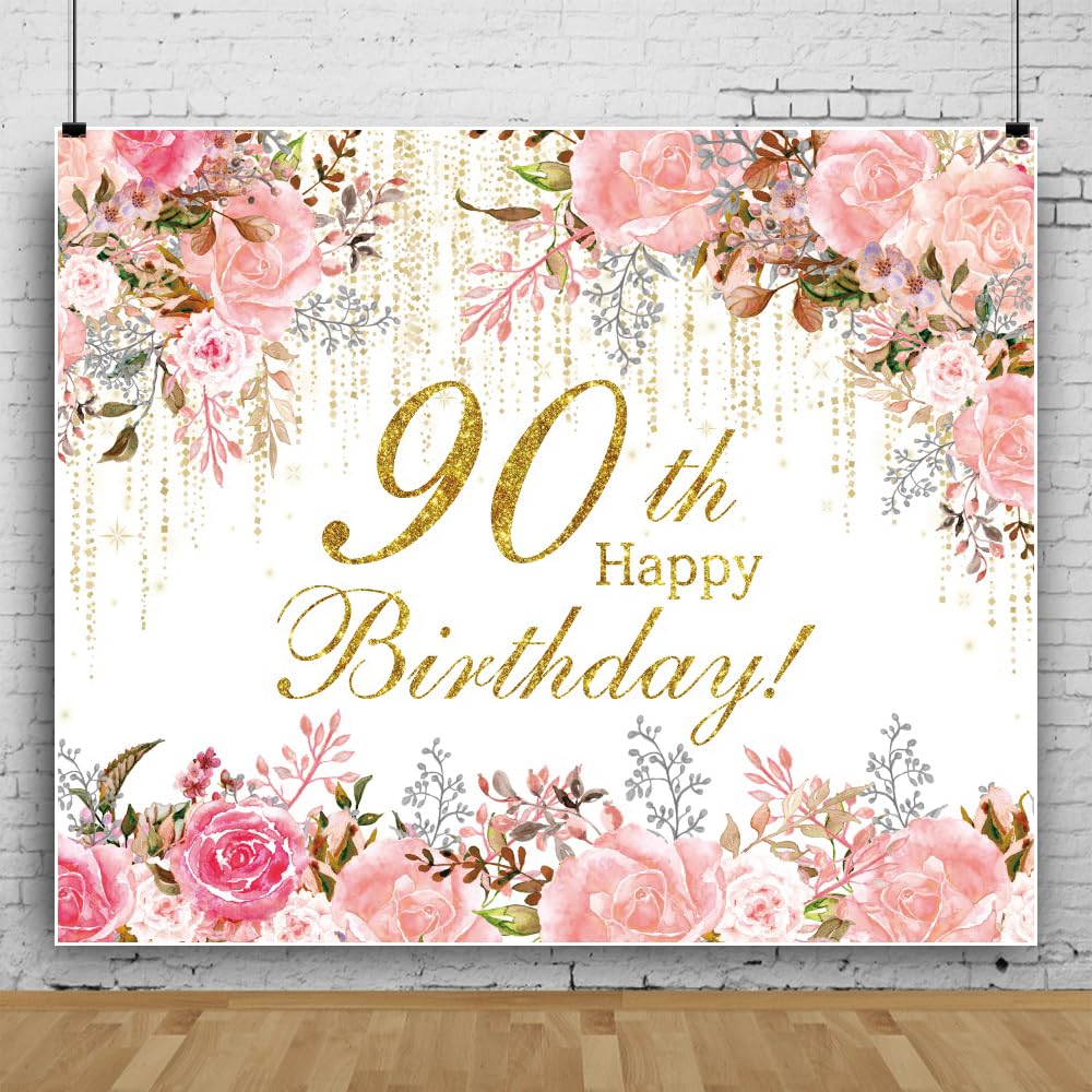 Pnylzzyxh Happy 90th Birthday Backdrop Pink Watercolor Floral Golden Curtains Backdrop for Women Grandma Theme Birthday Party Decorations Banner