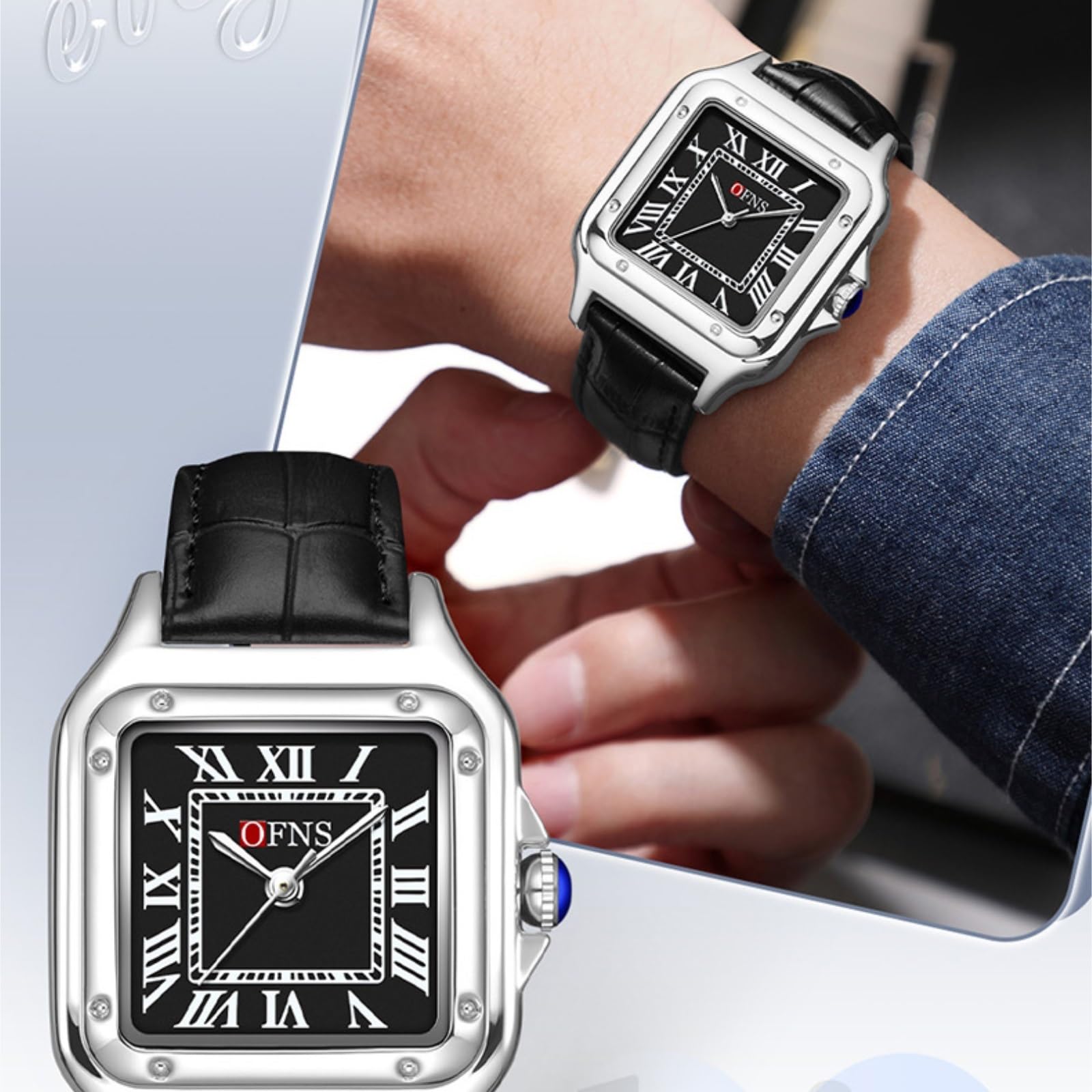 Montre à quartz analogique classique carrée, facile à lire, avec bracelet d'extension en acier inoxydable, cadran romain pour homme et femme