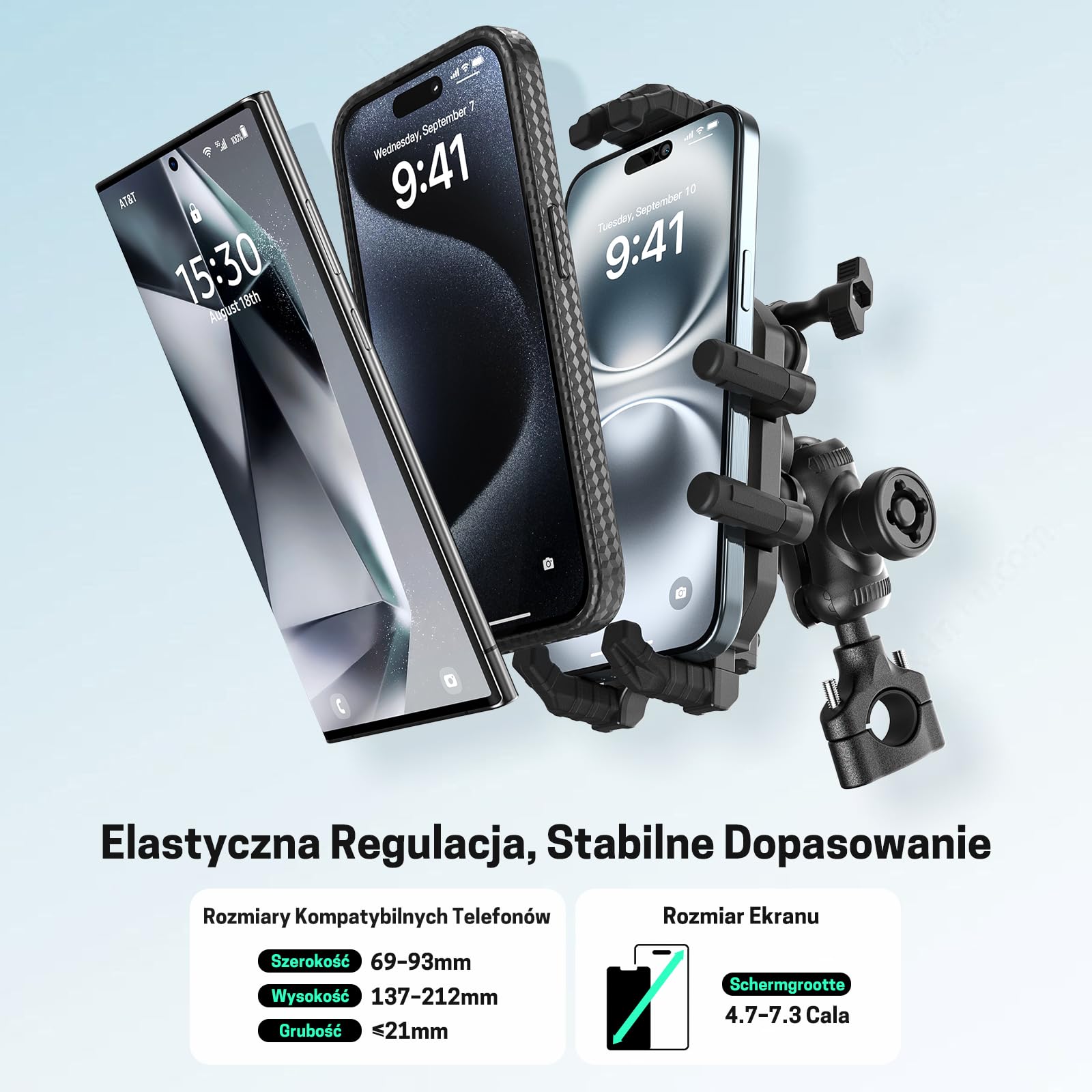 Jeebel Uchwyt na telefon motocyklowy 3 w 1 ładowarka do smartfona motocyklowego z bezprzewodowym ładowaniem Qi 15W i USB-C QC 3.0 30 W, osłona przeciwsłoneczna, ochrona przed kradzieżą, obrót o 360°