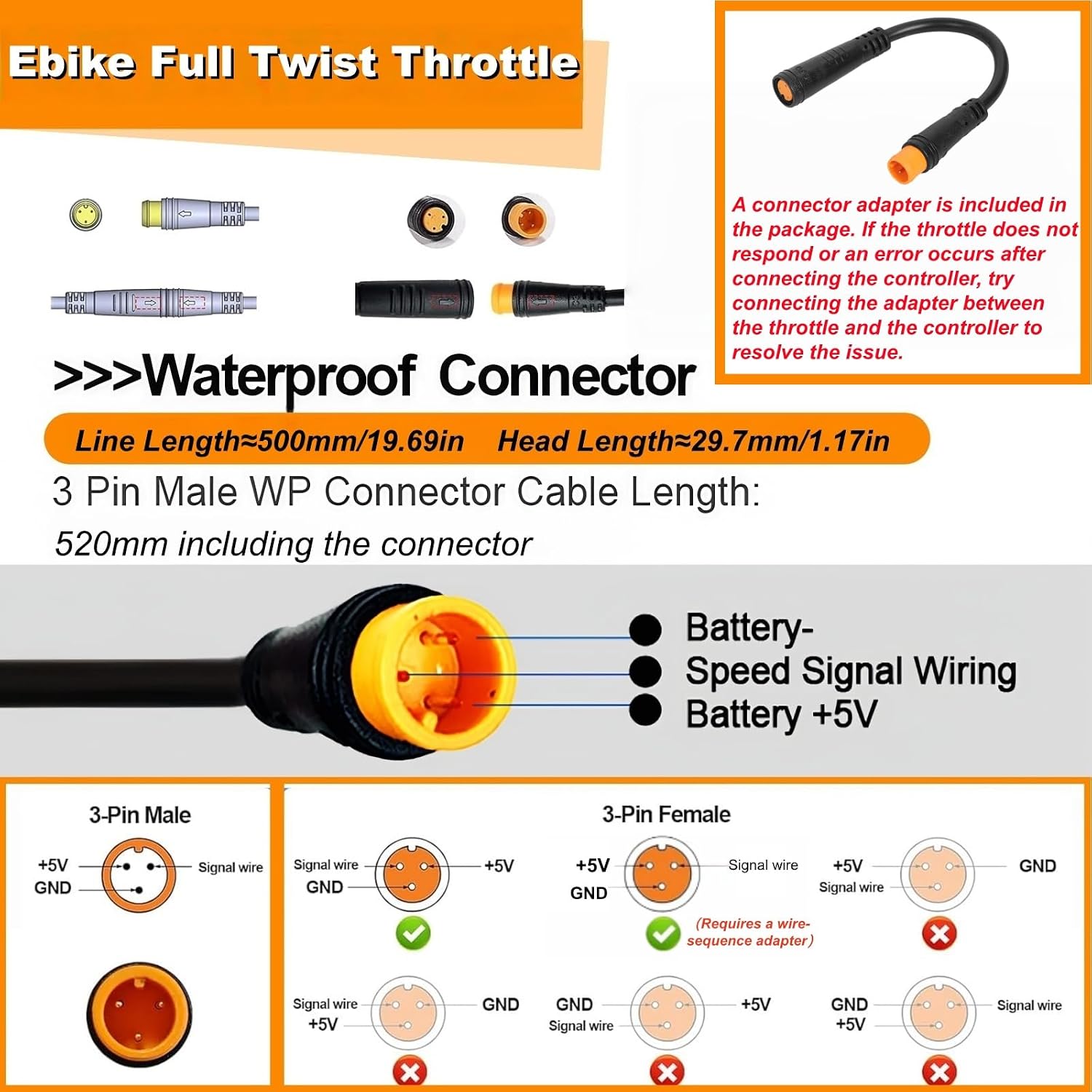 Ebike Full Twist Throttle for Macfox, 3 Pin Surron Style Full Throttle Grip, 12v-72v Ebike Throttle with Female Adapter for Lectric HappyRun Freego Heybike Electric Dirt Bike