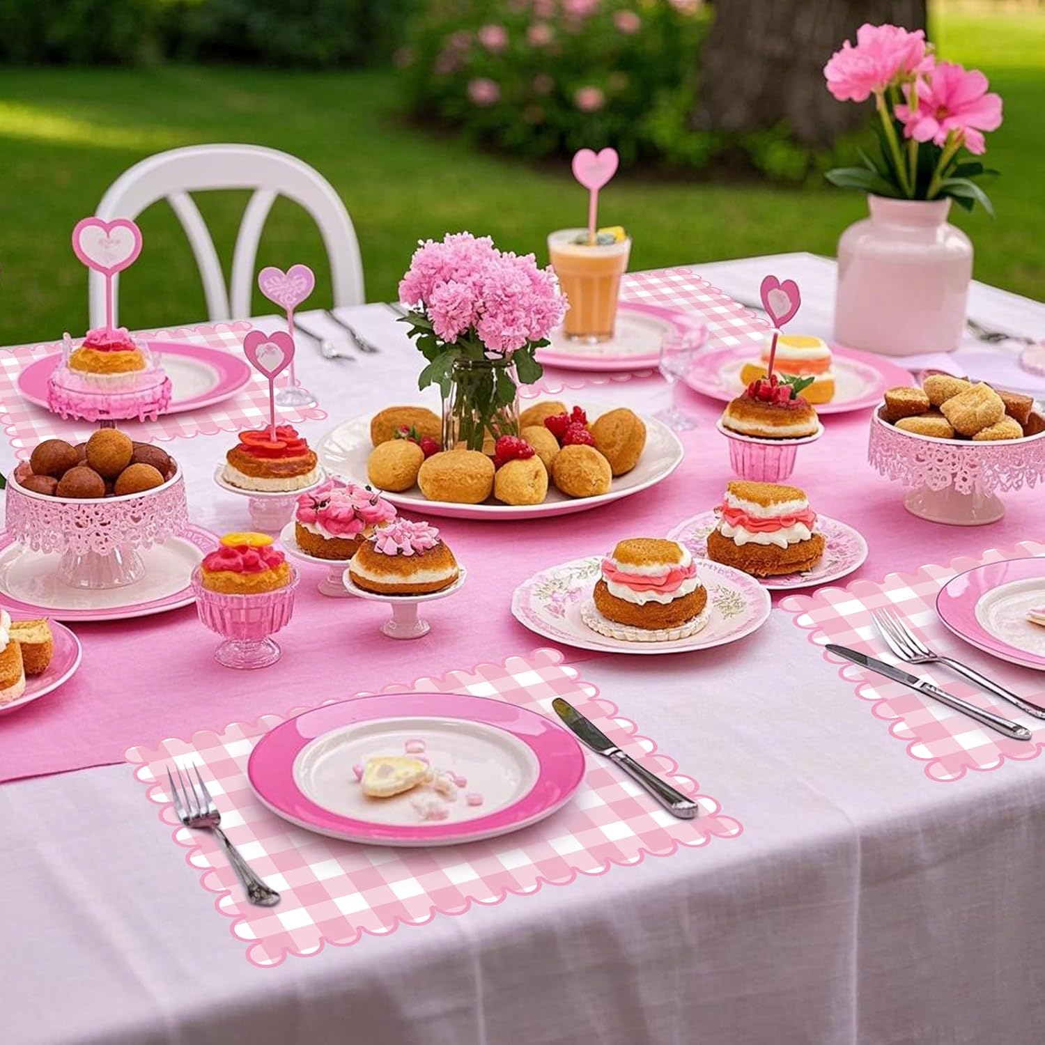 Stuffygreen 100 Pcs Pink Paper Placemats Disposable Scalloped Pink Plaid Placemats 14.5 Inch Spring Check Grid Place Mats for Kitchen Dining Table Decor Birthday Bridal Wedding Party Supplies