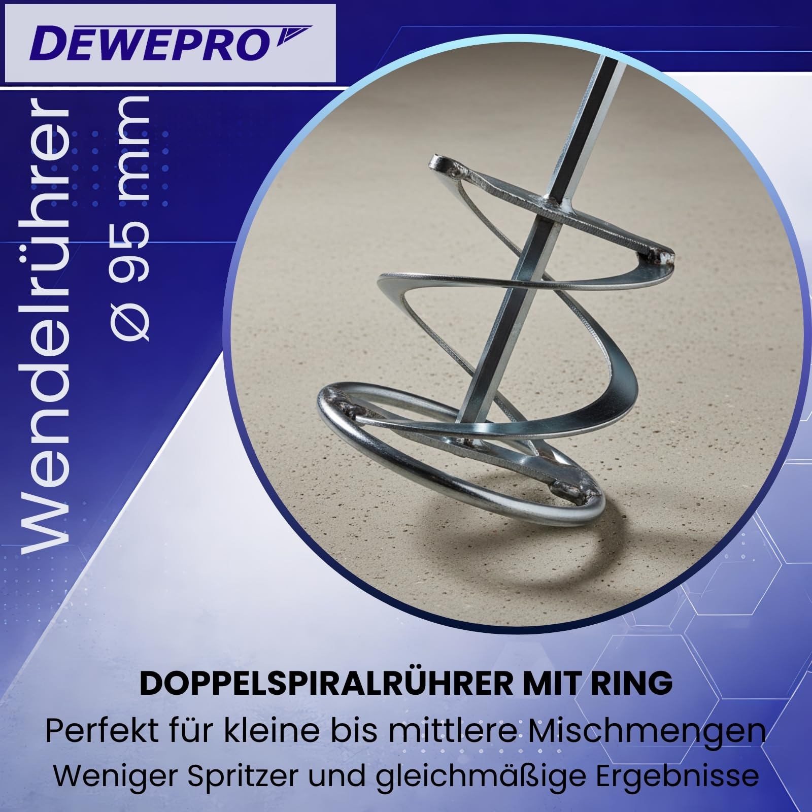 DEWEPRO Mélangeur Hélicoïdal - Tige Mélangeuse Double Spirale Galvanisée, forma a doppia spirale, ø95x500mm, Mélangeur à Mortier pour Peinture, Colle, Plâtre et Matériaux Pâteux, Compatible Perceuse