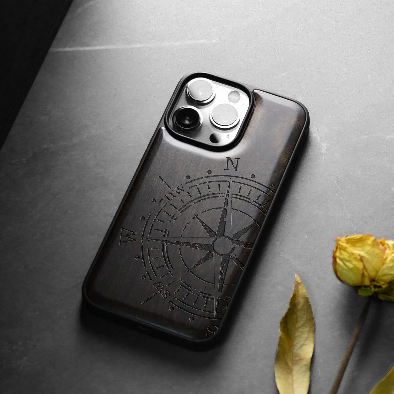 Carveit Magnetic Wood Case for iPhone 14 Pro Max [Natural Wood & Black Soft TPU] Unique & Classy Wooden Shockproof Protective Cover Compatible with magsafe (Vintage Compass -Blackwood)
