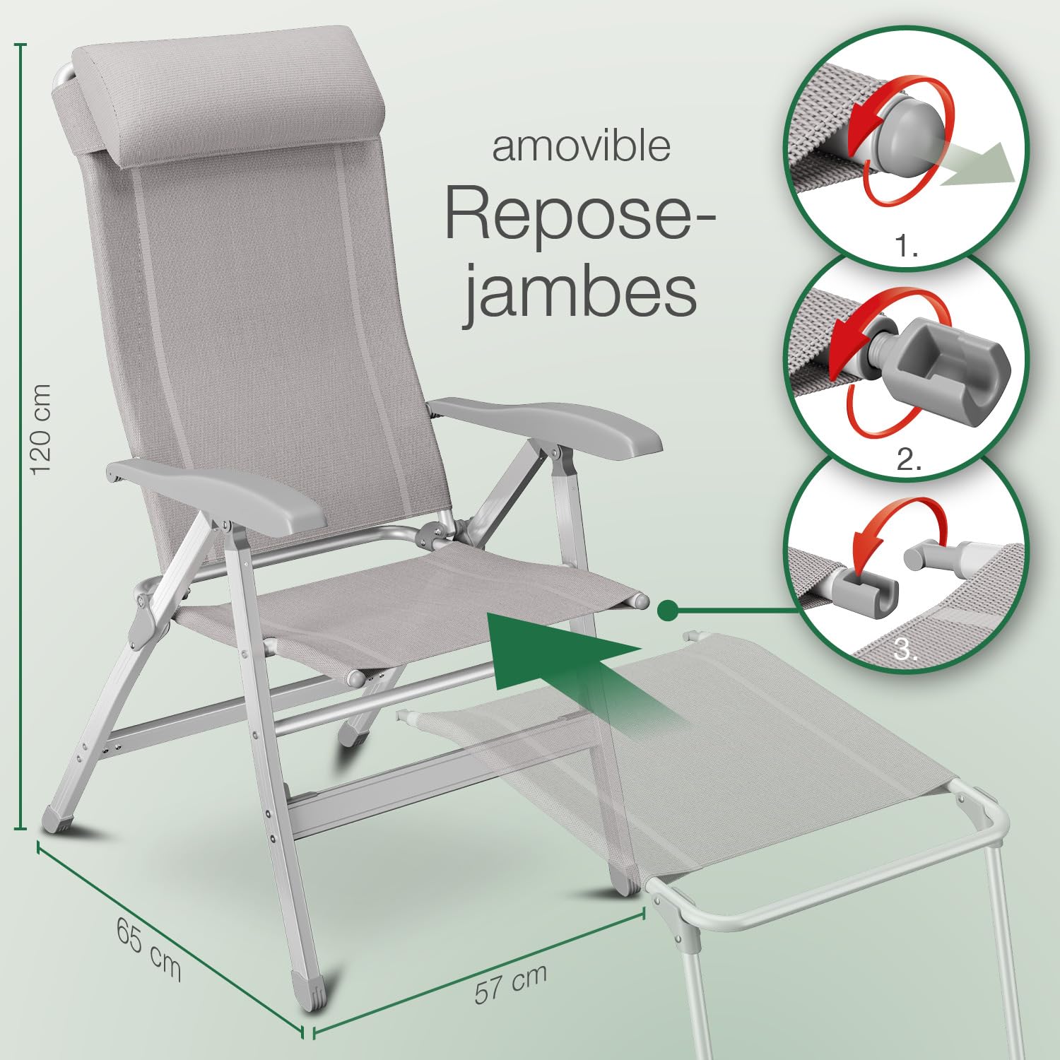 ELONEO Chaise de Camping Pliante avec Repose-Pieds Amovible - Chaise Longue Pliante Confortable en Aluminium avec Dossier Réglable pour Jardin et Balcon Taupe