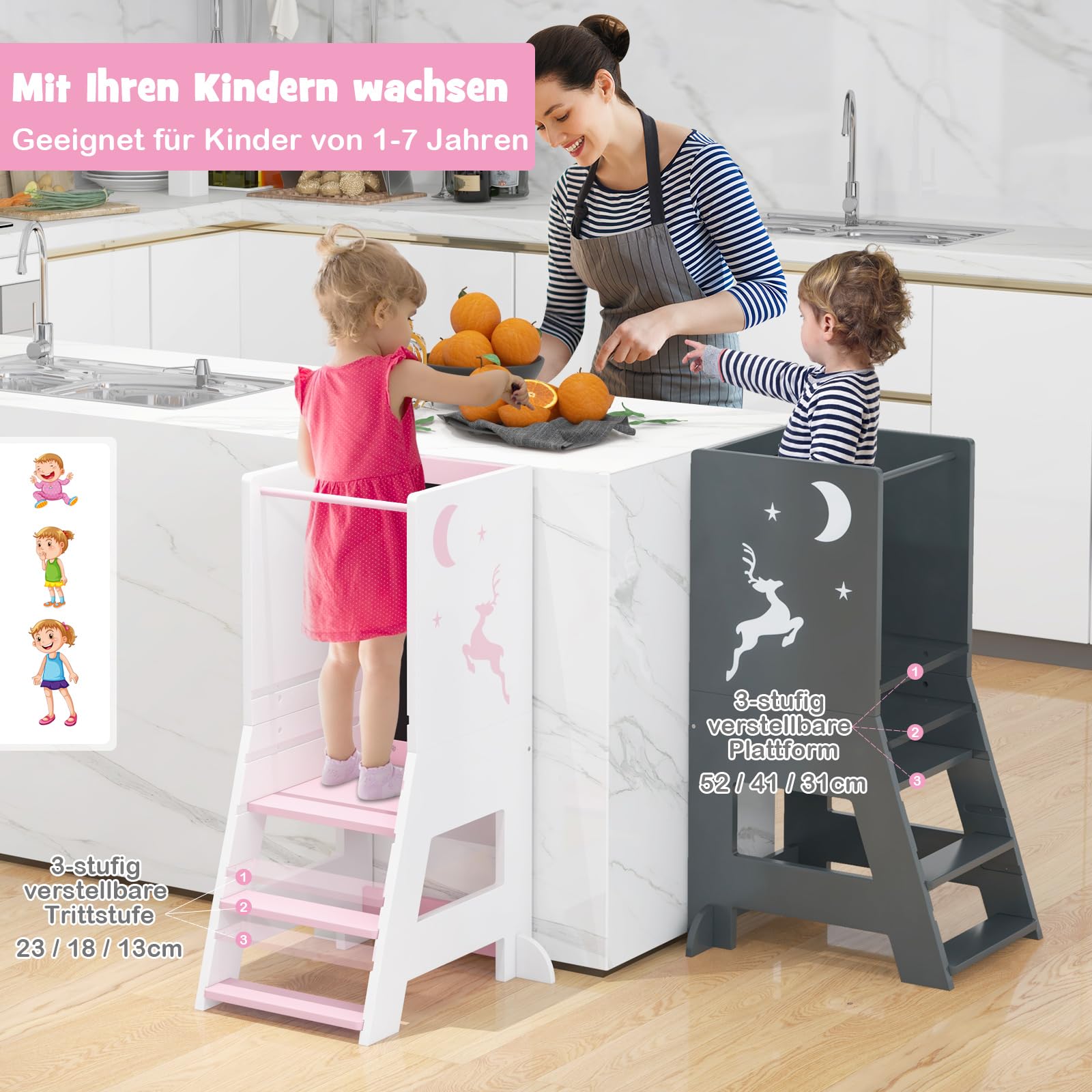 DREAMADE 2-in-1 Lernturm mit Tafel, Höhenverstellbarer Tritthocker aus Holz, Kinder Kreidetafel mit 3 Bunten Marker, Kinderlernturm ab 1 Jahr, belastbar bis 70kg (Weiß + Pink)