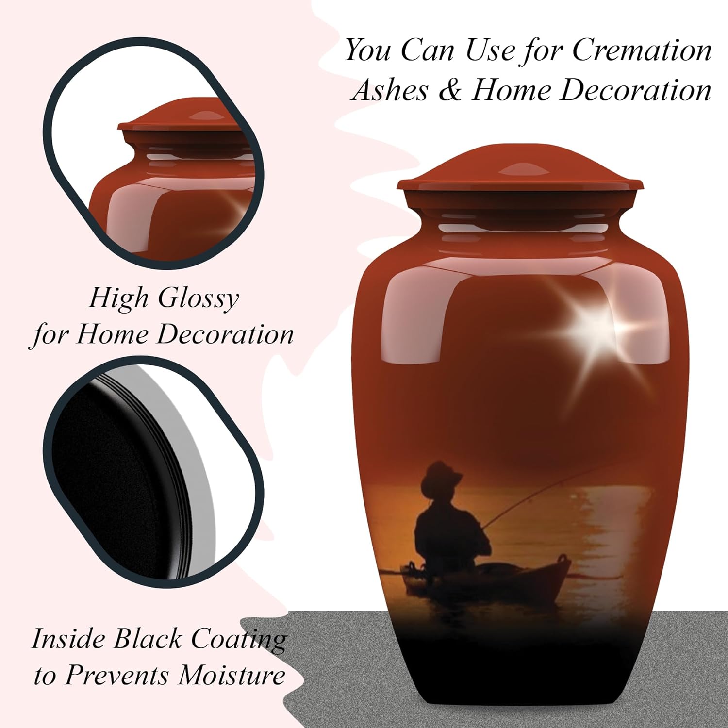 Forever URNS Adult Cremation Funeral Urn with Printed Fishing Man Theme for Human Ashes of Female & Male | 200 cu in | Large | Multicolor | Completely Handcrafted with Velvet Protection Bag
