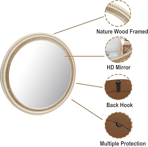Miniatura 6 de Espejo decorativo redondo de madera para pared, espejo de granja con cuentas blancas, espejo blanco rústico envejecido de 31.5 pulgadas para