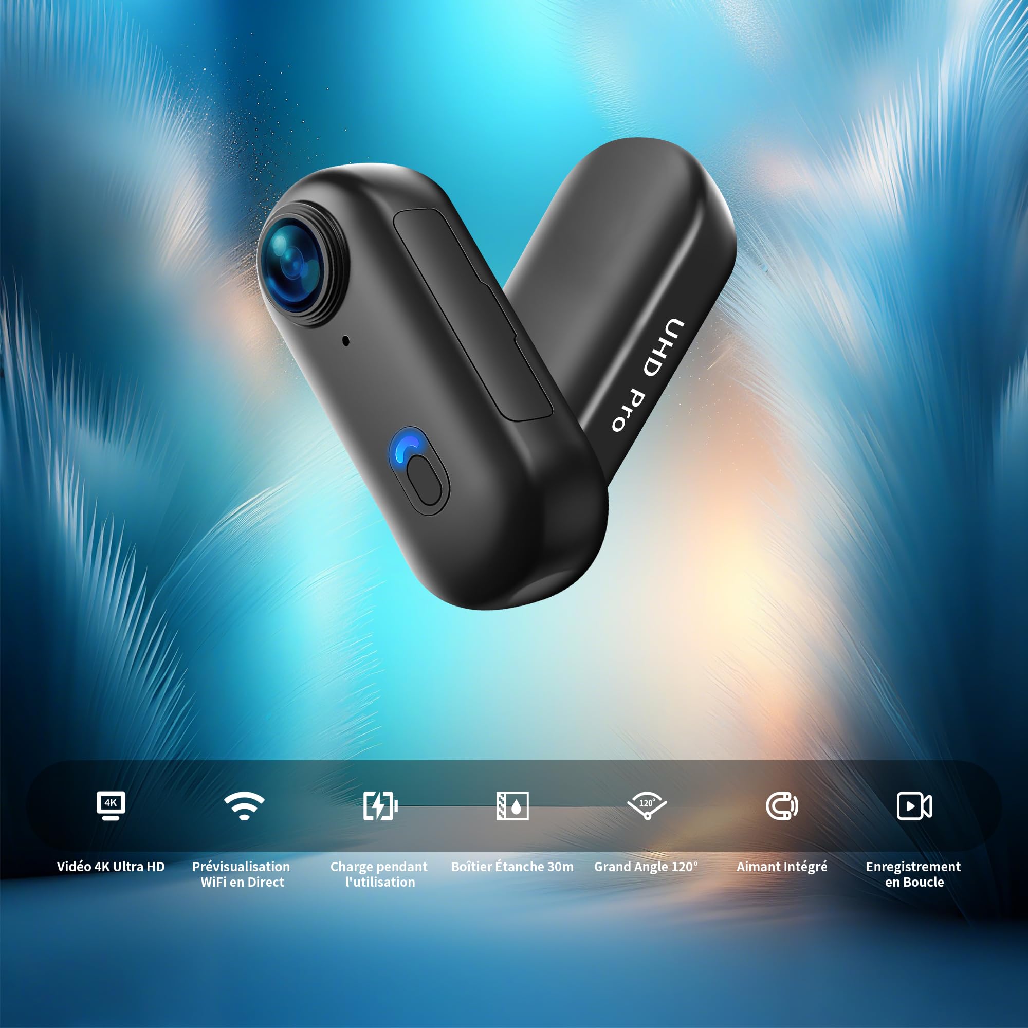 Mini Caméra Sport 4K WiFi, 360° Camera Vlog, Caméra d'action pour Casque de Moto, Bodycam Portable Étanche jusqu'à 30M, Accessoires Multifonctionnels