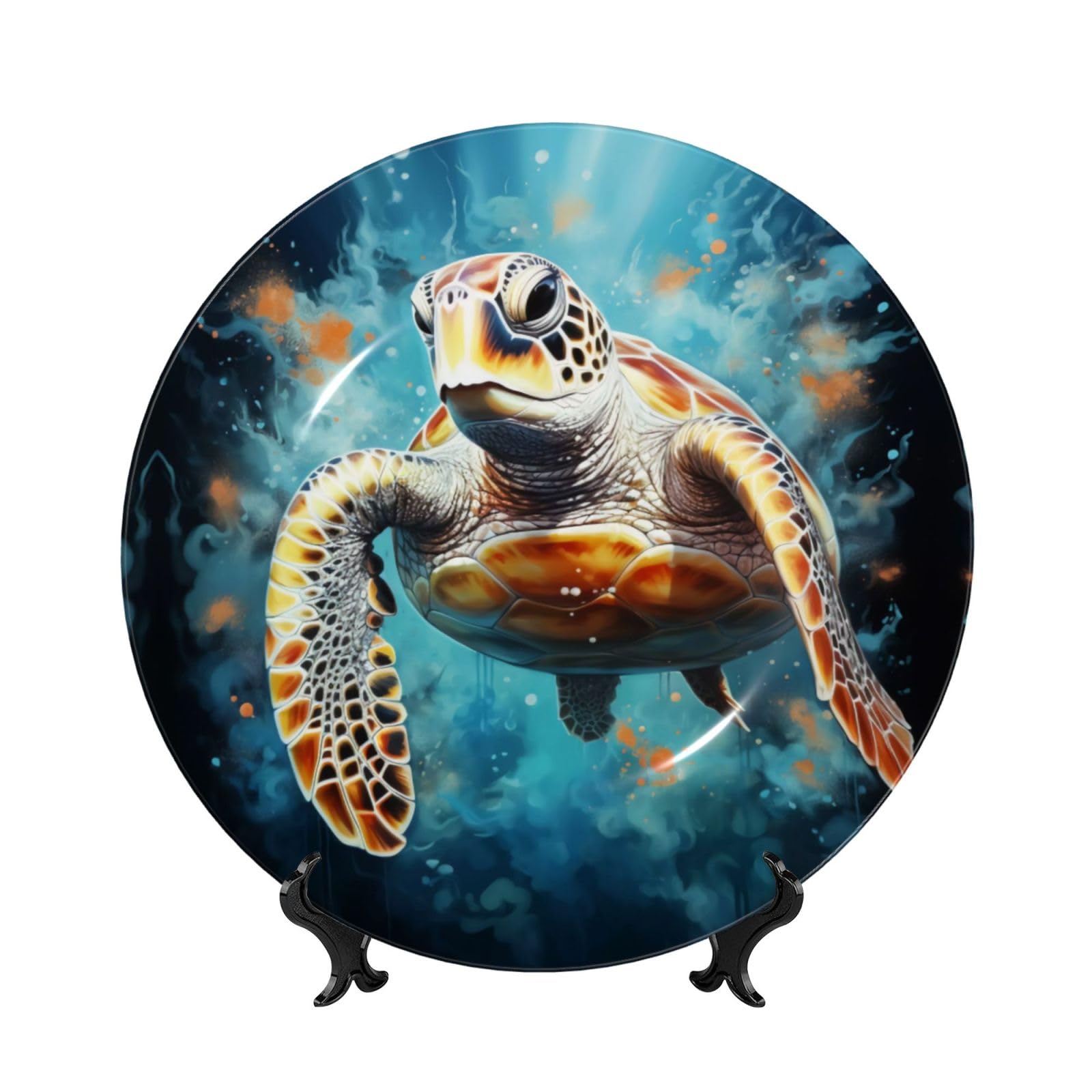 SXZVVBN Turtles swimming in the dark Bone China Decorative Plate Art with Stand Removable Adhesive Hanging for Home Office 7in