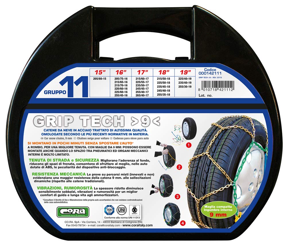 Cora 000142111 łańcuchy śniegowe do samochodu Grip Tech, 9 mm, grupa 11, zestaw 2 sztuk
