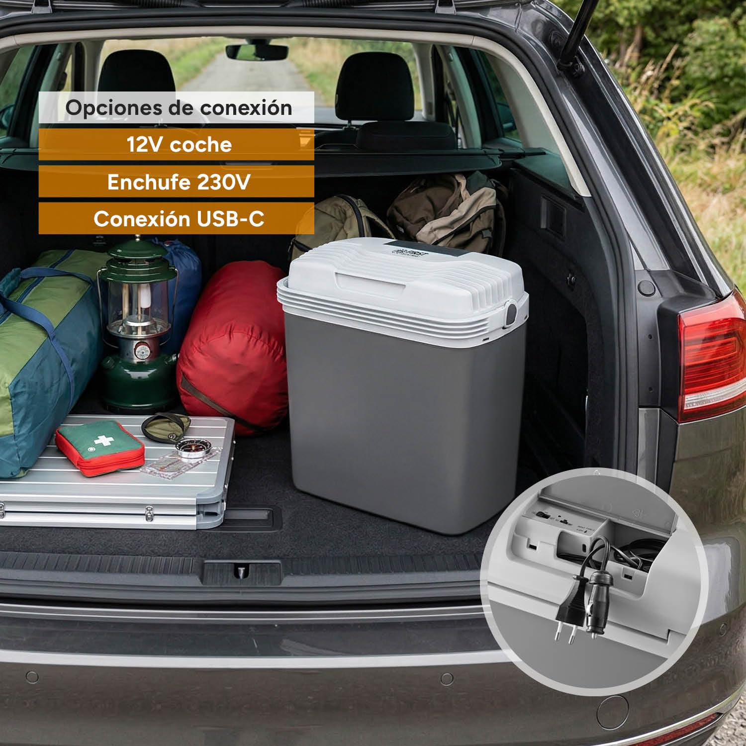 TZS First Austria Nevera Eléctrica 19L - Triple Alimentación con USB-C PD 3.0-52W Frío y Calor - Coche y Camping - Gris Claro