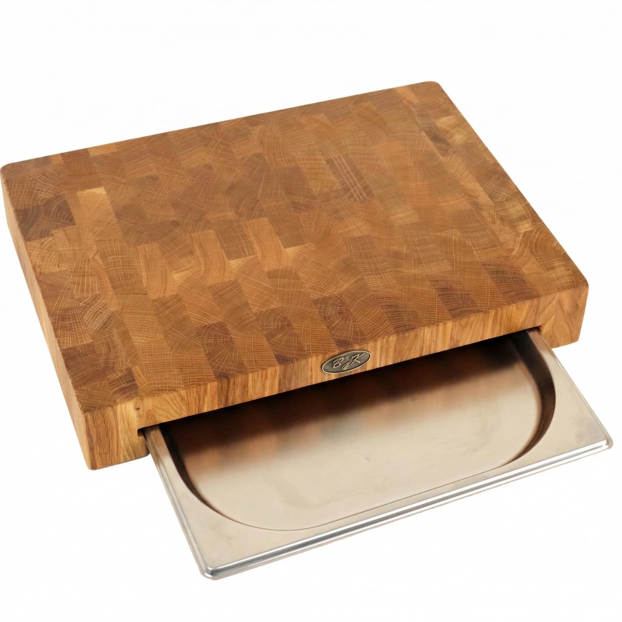 B4K® Stirnholz Schneidebrett Eiche 40×30×6 cm – Massiver Hirnholz Hackblock mit Auffangschale & Silikonfüßen – Antibakterielles Holz Schneidebrett für Fleisch, Brot, Gemüse