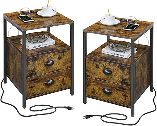 Alohappy Juego de 2 mesitas de noche mesa auxiliar con estación de carga mesita de noche con 2 cajones de almacenamiento para dormitorio sala de