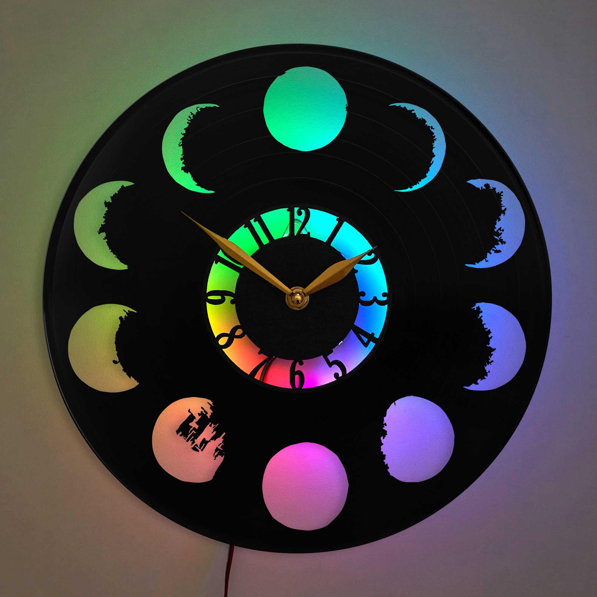 Reloj de pared de luna con luz LED, arte de pared de fases de la luna, decoración de fases lunares, regalo de ciclo lunar, disco de vinilo negro