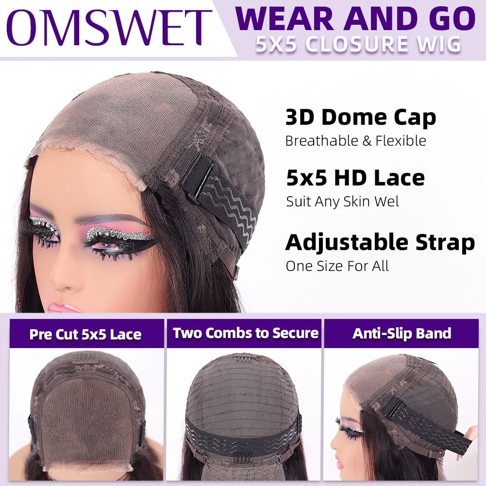 Wear and Go Bob Wig Human Hair 180 Density 5x5 HD Lace Closure Pre Plucked Pre Bleached Pre Cut Glueless Wig Bob Wigs for Black Women Human Hair Glueless Short Wigs Natural Black 10 Inch