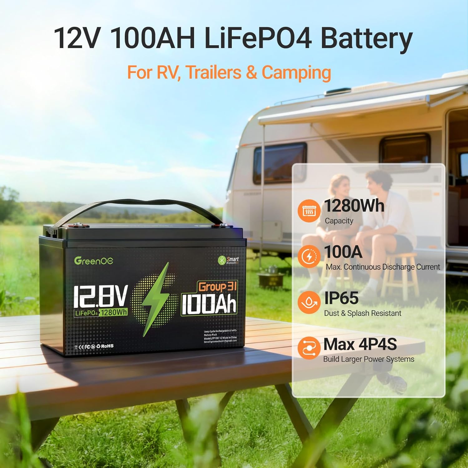 12V 100Ah LiFePO4 Battery Bluetooth, Lithium Battery Deep Cycle Group 31, Smart 100A BMS, 1280Wh Energy, Up to 15000+ Cycles, 10-Year Lifespan for RV, Trolling Motors, Boat, Solar