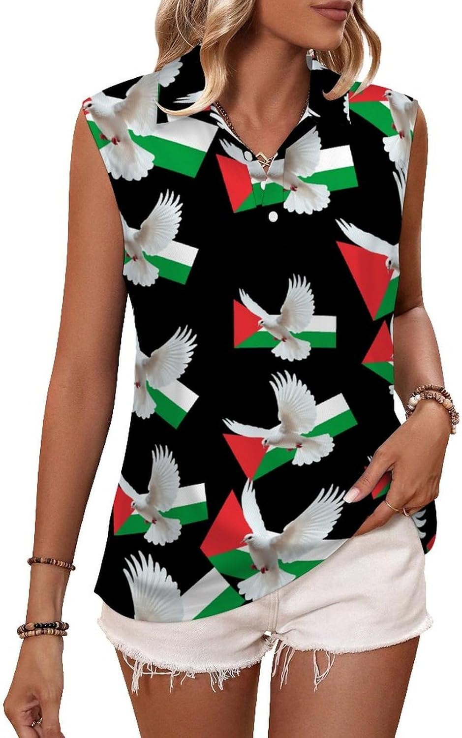 Peace Dove & Palestine Palestinian Flag Golf Shirts for Women V Neck Tennis Polo Tank Tops Blouses Sleeveless T-Shirts