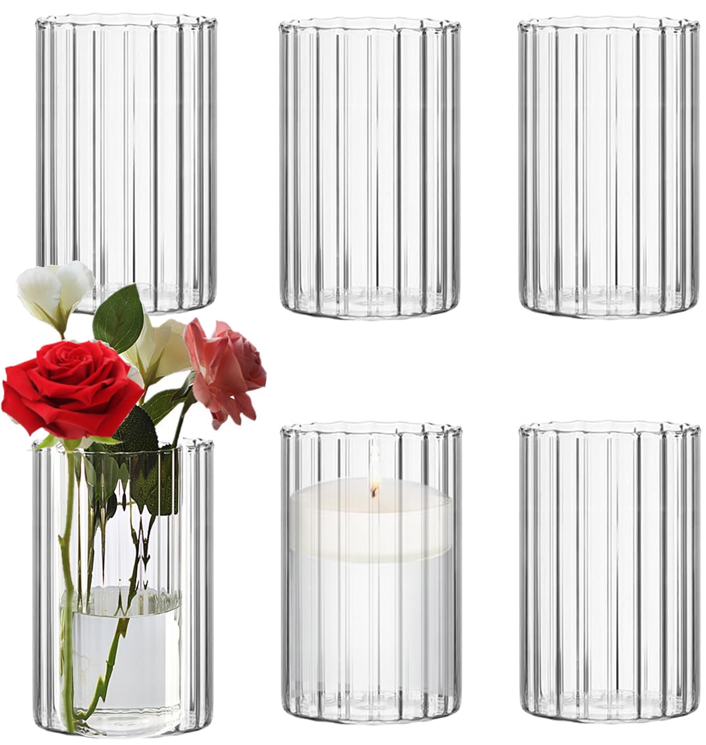 Ribbed Glass Candle Holders Romadedi Set Of 6 Ribbed Glass Hurricane ...