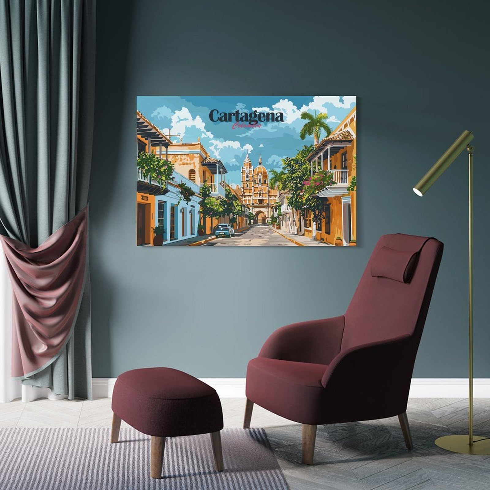 Junmoney Frame-Style-18 Cartagena Street Scene Canvas Wall Picture, 12X18inch(30X45cm), For Study, Office Or Focused Interiors, Home Office Artwork With Decorative Appeal