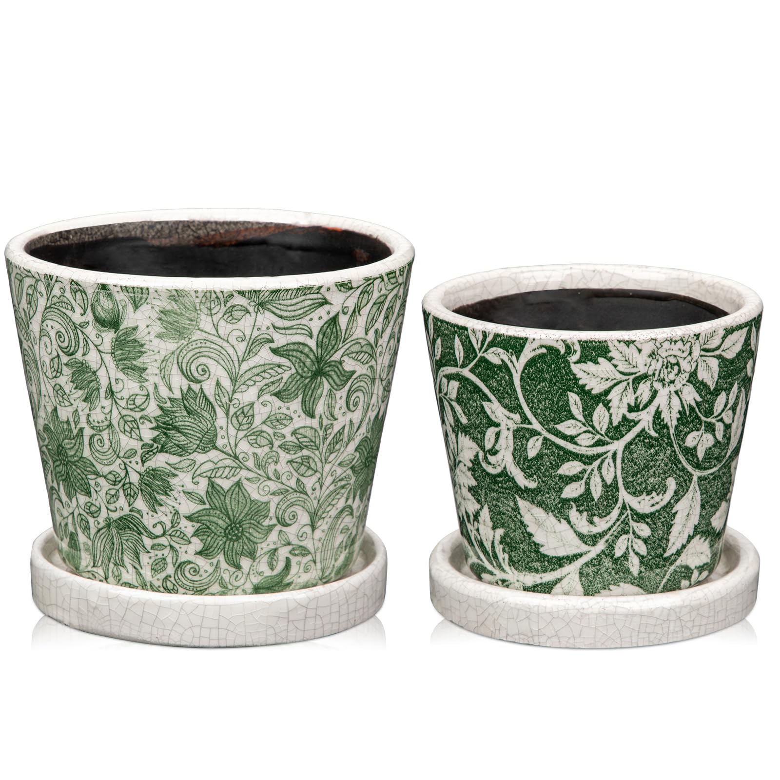 Yesland Macetas De Cerámica Con Platillo, Juego De 3 En Diferentes Tamaños, Modernas Macetas Redondas De Cerámica Para Suculentas Con Textura De Rayas Blancas Para Jardín