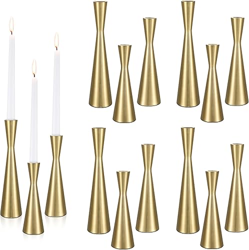 Suclain Juego de 12 portavelas de latón dorado de hierro dorado, portavelas cónicos modernos y decorativos, soporte de candelabro para cumpleaños,