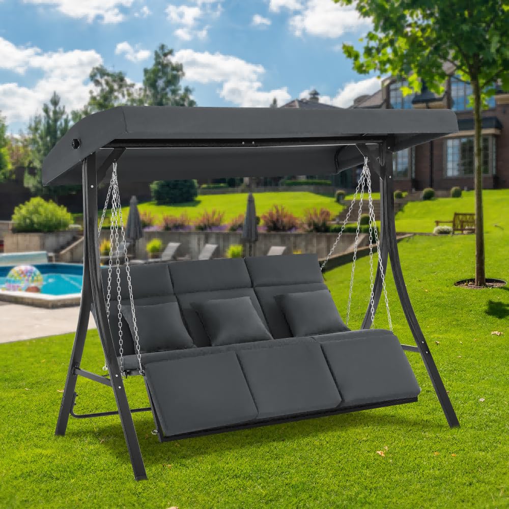 M MCombo Hollywoodschaukel mit Liegefunktion, Gartenschaukel 3 Sitzer Wetterfest, Outdoor Schaukelbank mit Metallketten, Verstellbarem Dach, 123 * 194 * 169 cm, 8018 (Dunkgelgrau)