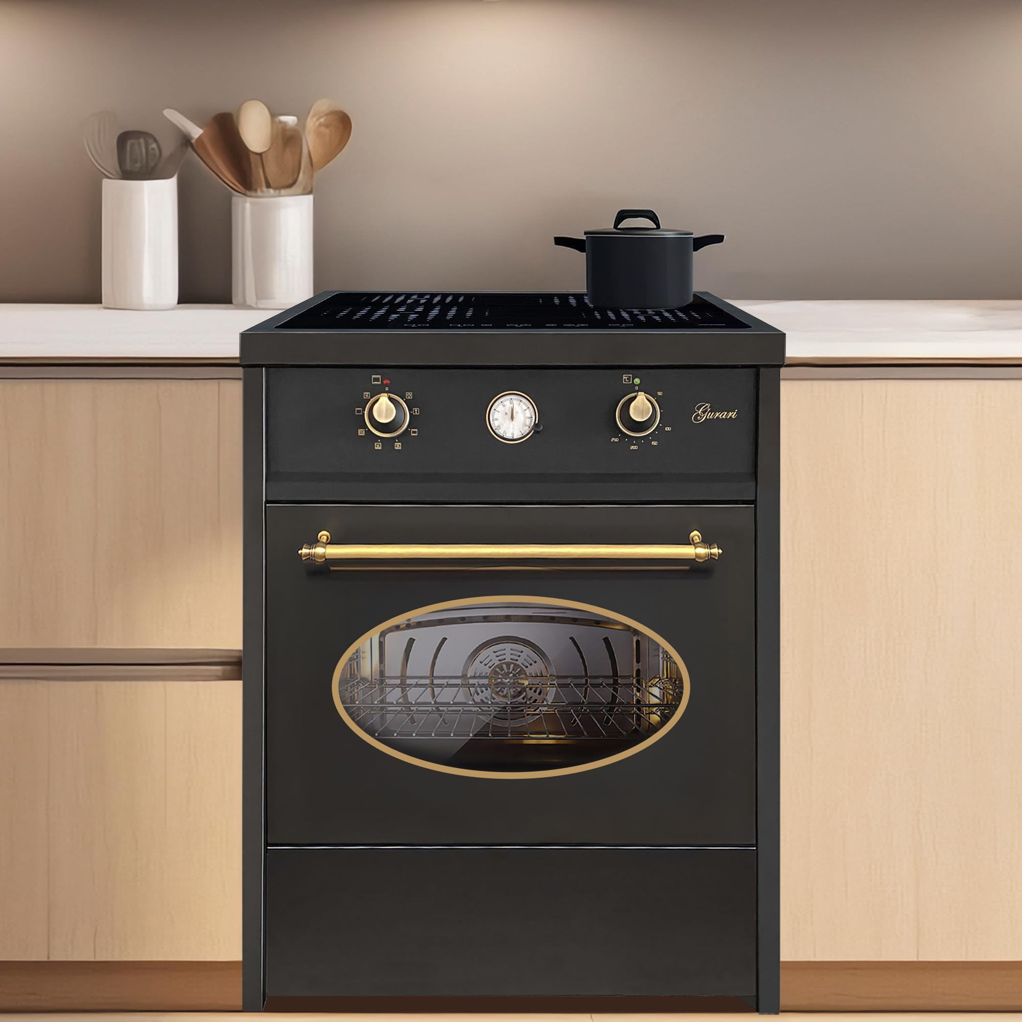GURARI Cuisinière à Induction 60 cm GCH E 612 Bl r Avec Four et Plaque de Cuisson en Fonte | Retro Range Coocker 4 Zones | Air Chaud | Grill