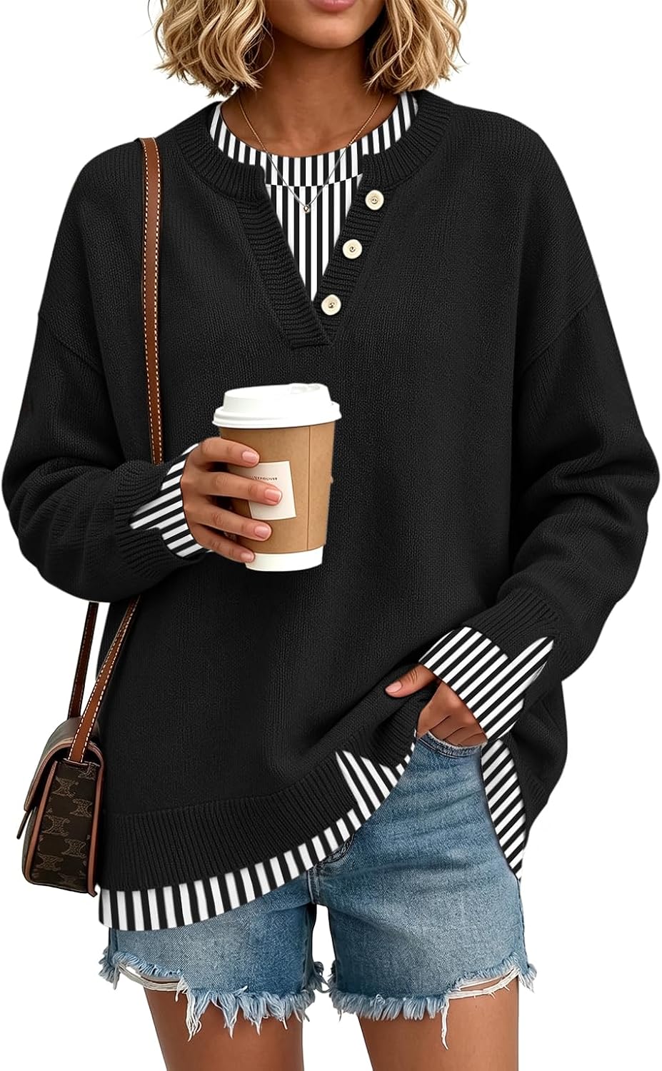 Womens Henley Sweaters Pullover Work Tops Fall Clothes Teacher Outfits thumbnail