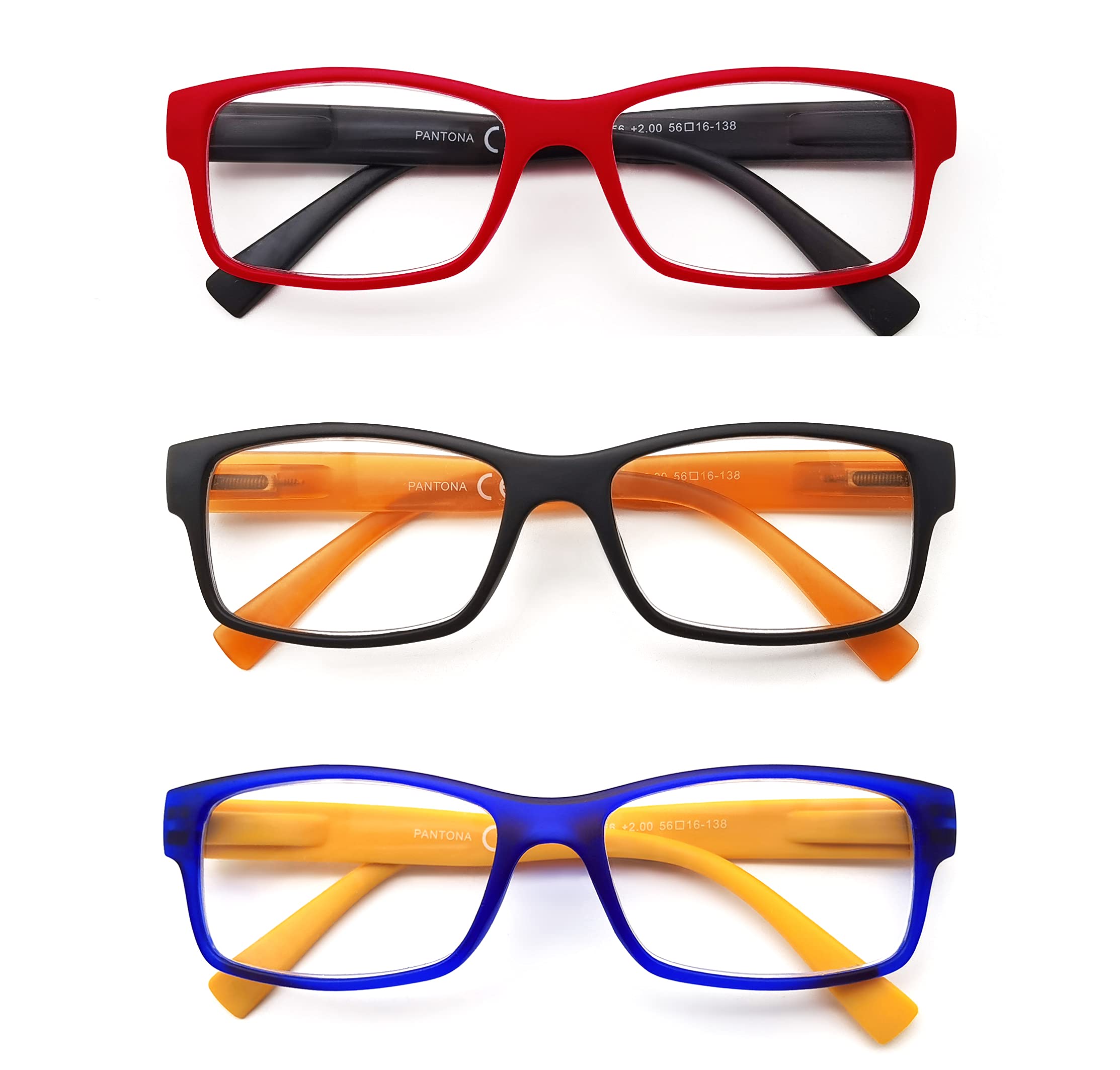 PANTONA Pack 3 Gafas de Lectura Modernas para Hombres y Mujeres, Gafas Presbicia Vista Cansada Montura Rectangular. Color: Negro Rojo Azul.