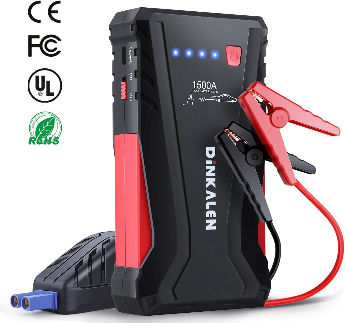 DINKALEN Car Jump Starter - 1500A Peak 12V Auto Battery Booster (Up to 8.0L Gasoline or 6.0L Diesel) Portable Power Pack with QC 3.0 USB Port, LED Flashlight