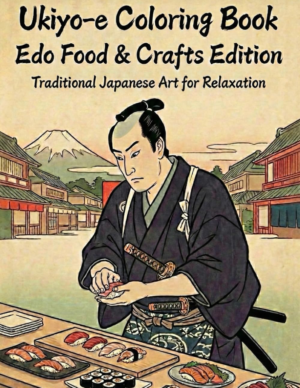 Ukiyo-e Coloring Book Edo Food & Crafts Edition Traditional Japanese Art for Relaxation: Japanese Art / Woodblock Print / Stress Relief / Mindfulness / Samurai,Sushi