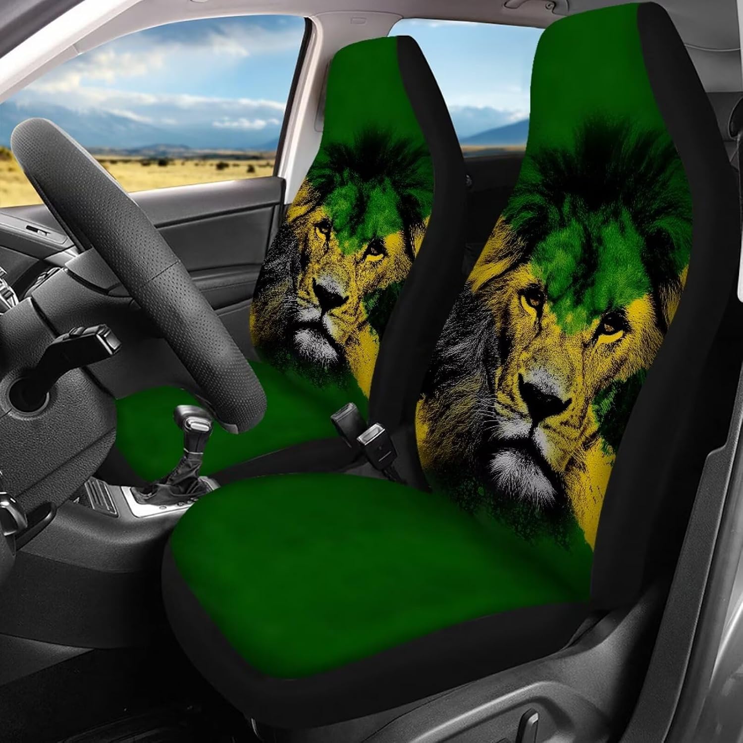 Vehicle Seat Cover Full Set Auto High Back Seat Protector Jamaican Flag Lion Print Car Interior Decoration Stretchy Non-Slip Automotive Accessories