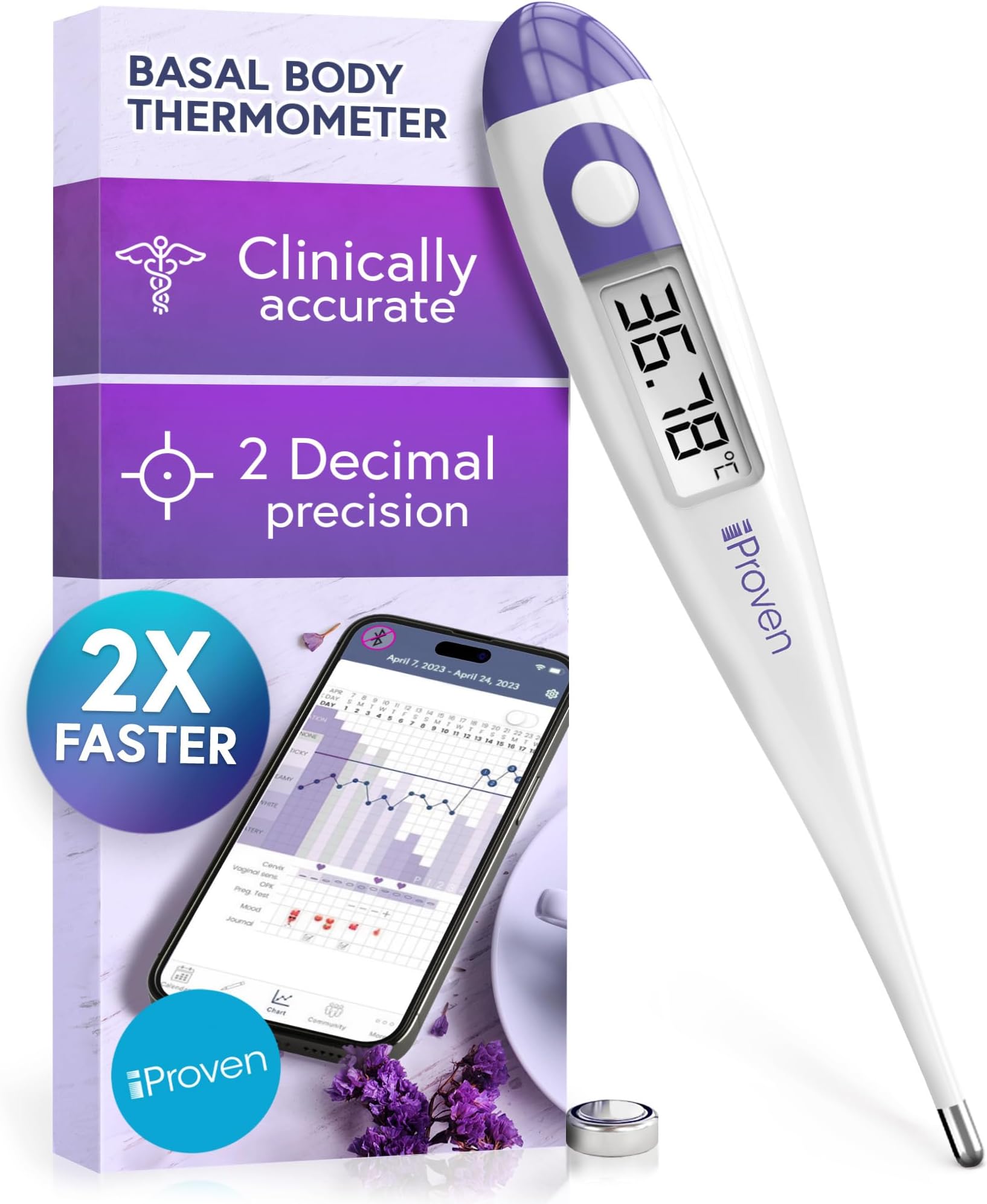 Digital Basal Thermometer, 1/100th Degree High Precision, Quick 60-Sec Reading, Memory Recall, Accurate BBT Thermometer for Natural Ovulation Temperature Tracking by iProven